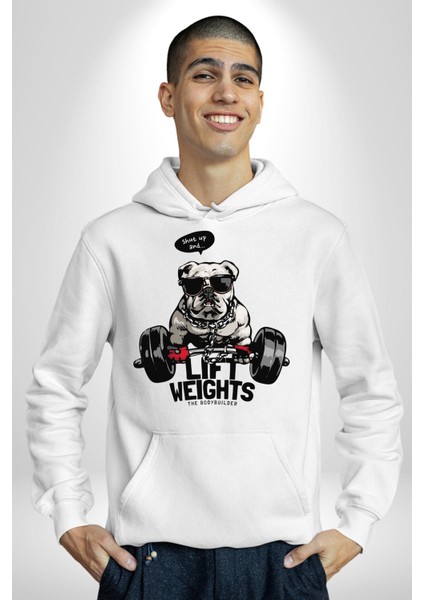 Ağırlıkçı Halter Sporcu Pitbull Kadın Erkek Baskılı Üç Iplik Beyaz Kapüşonlu Hodie Sweatshirt fiyatları