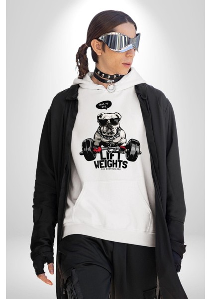 Ağırlıkçı Halter Sporcu Pitbull Kadın Erkek Baskılı Üç Iplik Beyaz Kapüşonlu Hodie Sweatshirt fırsatları
