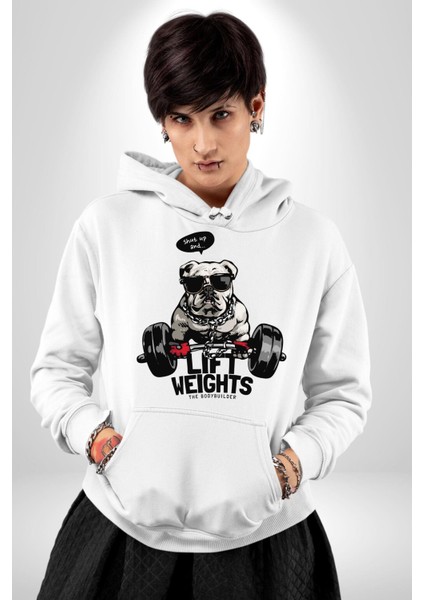 Ağırlıkçı Halter Sporcu Pitbull Kadın Erkek Baskılı Üç Iplik Beyaz Kapüşonlu Hodie Sweatshirt indirimleri