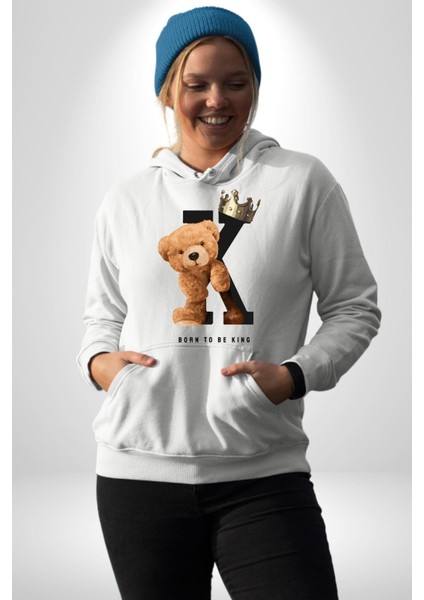 Kral Olmak Için Doğdum Oyuncak Ayı Kadın Erkek Baskılı Üç Iplik Beyaz Kapüşonlu Hodie Sweatshirt modelleri