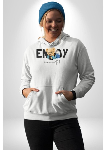 Tadını Çıkar Oyuncak Ayı Kadın Erkek Baskılı Üç Iplik Beyaz Kapüşonlu Hodie Sweatshirt