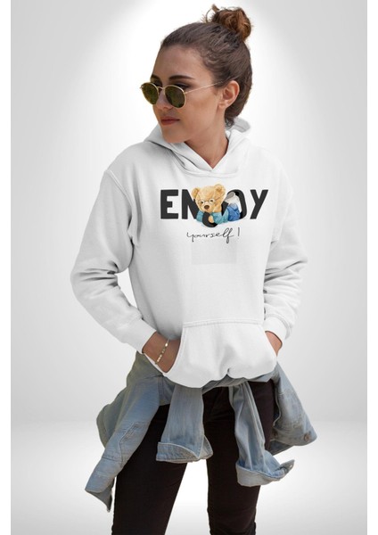 Tadını Çıkar Oyuncak Ayı Kadın Erkek Baskılı Üç Iplik Beyaz Kapüşonlu Hodie Sweatshirt modelleri