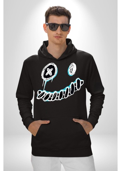 Korkunç Beyaz Hayalet Boncuk Gözlü Kadın Erkek Baskılı Üç Iplik Siyah Kapüşonlu Hodie Sweatshirt