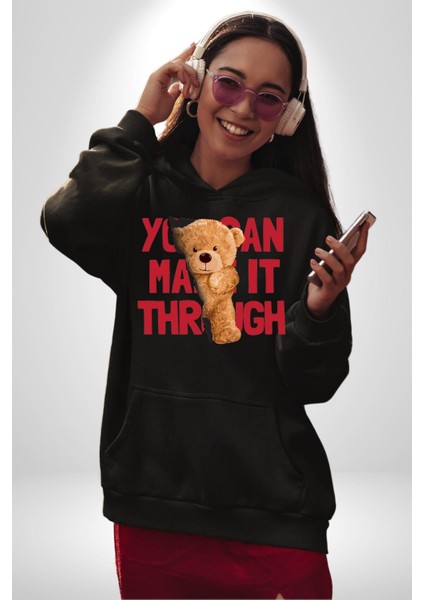 Bunu Başarabilirsin Ayı Kadın Erkek Baskılı Üç Iplik Siyah Kapüşonlu Hodie Sweatshirt