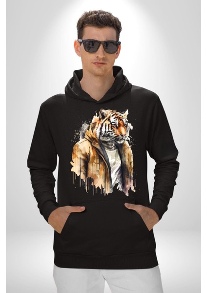 Deri Ceketli Havalı Kaplan Kadın Erkek Baskılı Üç Iplik Siyah Kapüşonlu Hodie Sweatshirt