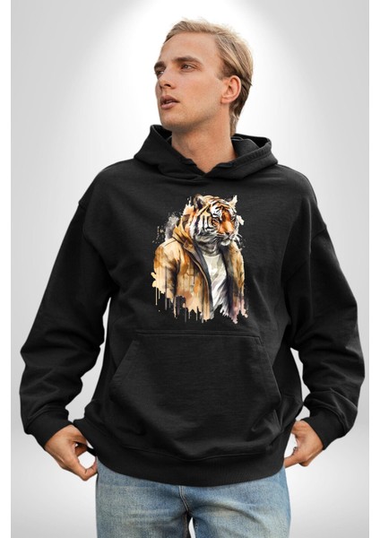 Deri Ceketli Havalı Kaplan Kadın Erkek Baskılı Üç Iplik Siyah Kapüşonlu Hodie Sweatshirt fırsatları