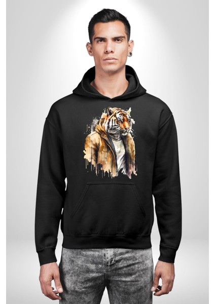 Deri Ceketli Havalı Kaplan Kadın Erkek Baskılı Üç Iplik Siyah Kapüşonlu Hodie Sweatshirt indirimleri