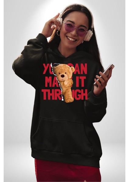 Bunu Başarabilirsin Oyuncak Ayı Kadın Erkek Baskılı Üç Iplik Siyah Kapüşonlu Hodie Sweatshirt