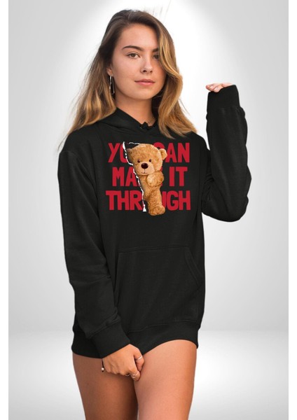 Bunu Başarabilirsin Oyuncak Ayı Kadın Erkek Baskılı Üç Iplik Siyah Kapüşonlu Hodie Sweatshirt indirimleri