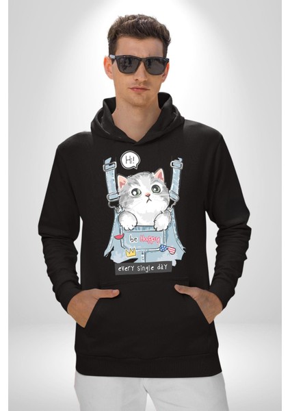 Yavru Kedi Her Yalnız Gün Kadın Erkek Baskılı Üç Iplik Siyah Kapüşonlu Hodie Sweatshirt