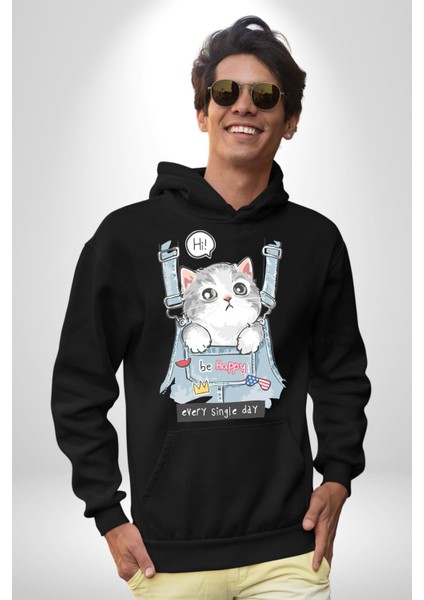Yavru Kedi Her Yalnız Gün Kadın Erkek Baskılı Üç Iplik Siyah Kapüşonlu Hodie Sweatshirt fiyatları