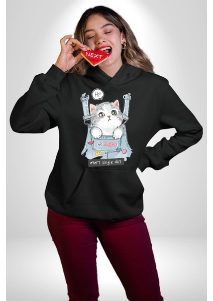 Yavru Kedi Her Yalnız Gün Kadın Erkek Baskılı Üç Iplik Siyah Kapüşonlu Hodie Sweatshirt modelleri