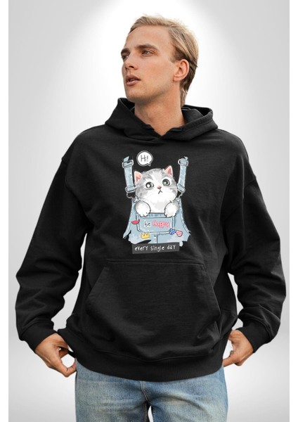 Yavru Kedi Her Yalnız Gün Kadın Erkek Baskılı Üç Iplik Siyah Kapüşonlu Hodie Sweatshirt fırsatları