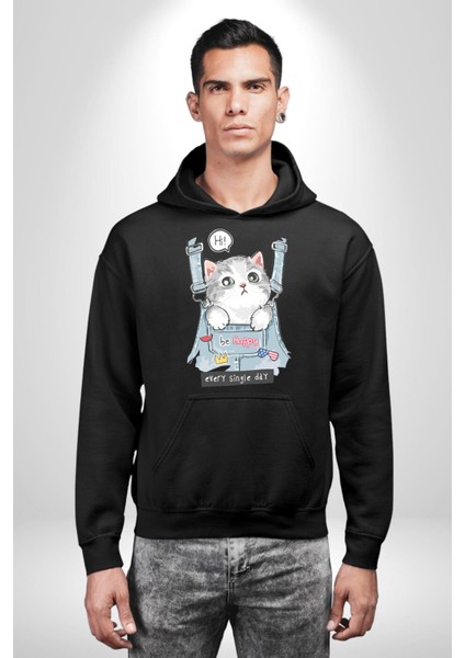 Yavru Kedi Her Yalnız Gün Kadın Erkek Baskılı Üç Iplik Siyah Kapüşonlu Hodie Sweatshirt indirimleri