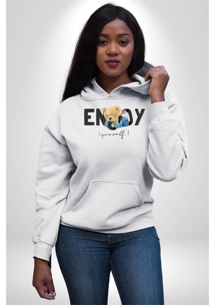 Tadını Çıkar Oyuncak Ayı Kadın Erkek Baskılı Üç Iplik Beyaz Kapüşonlu Hodie Sweatshirt fırsatları