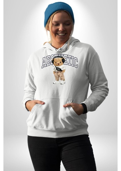 Estetik Oyuncak Tatlı Ayı Kadın Erkek Baskılı Üç Iplik Beyaz Kapüşonlu Hodie Sweatshirt