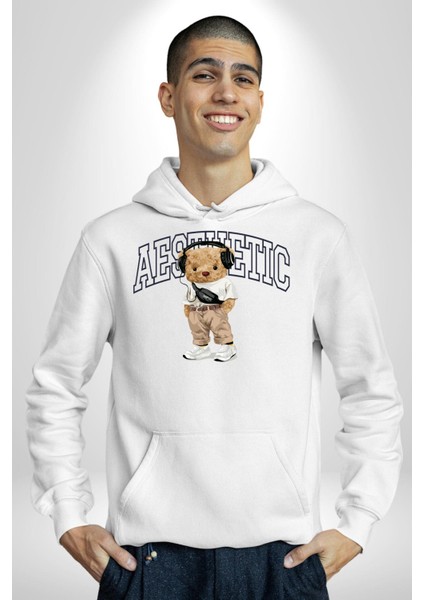 Estetik Oyuncak Tatlı Ayı Kadın Erkek Baskılı Üç Iplik Beyaz Kapüşonlu Hodie Sweatshirt indirimleri
