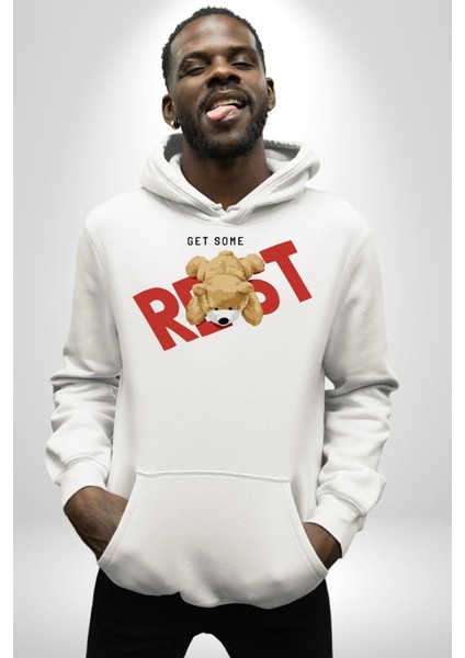 Biraz Dinlen Oyuncak Ayı Kadın Erkek Baskılı Üç Iplik Beyaz Kapüşonlu Hodie Sweatshirt