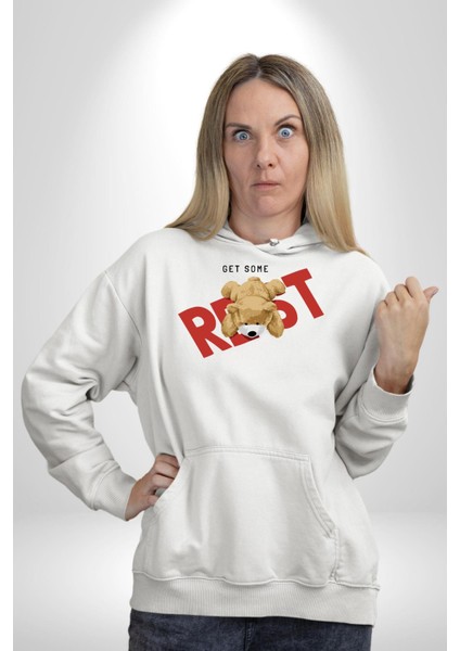 Biraz Dinlen Oyuncak Ayı Kadın Erkek Baskılı Üç Iplik Beyaz Kapüşonlu Hodie Sweatshirt fiyatları