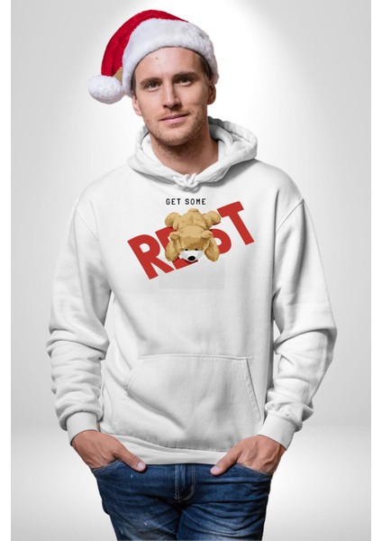 Biraz Dinlen Oyuncak Ayı Kadın Erkek Baskılı Üç Iplik Beyaz Kapüşonlu Hodie Sweatshirt modelleri