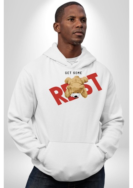 Biraz Dinlen Oyuncak Ayı Kadın Erkek Baskılı Üç Iplik Beyaz Kapüşonlu Hodie Sweatshirt indirimleri