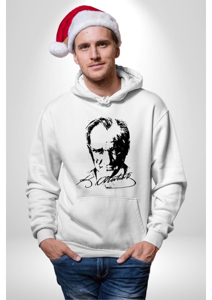 Mustafa Kemal Atatürk Imza ve Silüet Kadın Erkek Baskılı Üç Iplik Beyaz Kapüşonlu Hodie Sweatshirt