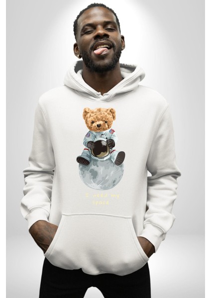Benim Boşluğuma Ihtiyacım Var Oyuncak Ayı Kadın Erkek Baskılı Üç Iplik Beyaz Kapüşonlu Hodie Sweatshirt