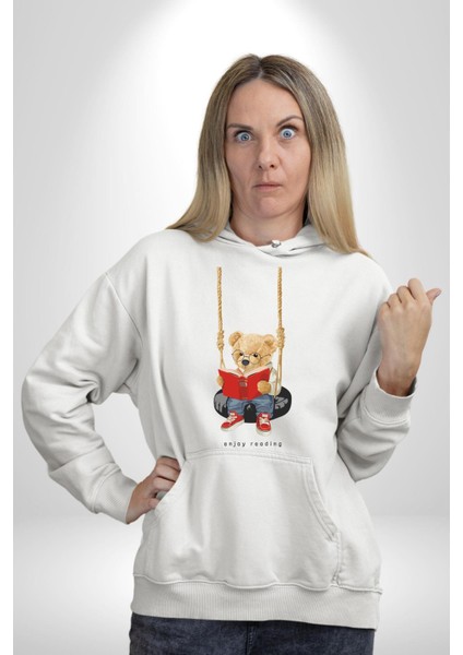 Sallanan Oyuncak Ayı Kadın Erkek Baskılı Üç Iplik Beyaz Kapüşonlu Hodie Sweatshirt fiyatları