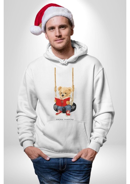 Sallanan Oyuncak Ayı Kadın Erkek Baskılı Üç Iplik Beyaz Kapüşonlu Hodie Sweatshirt modelleri