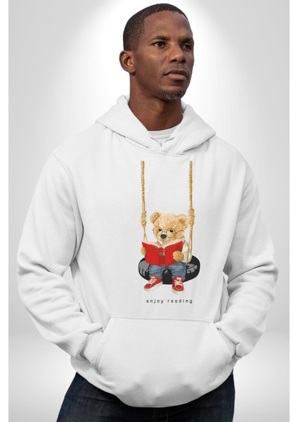 Sallanan Oyuncak Ayı Kadın Erkek Baskılı Üç Iplik Beyaz Kapüşonlu Hodie Sweatshirt indirimleri