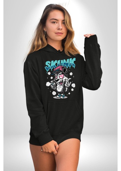 Şapkalı Kokarca Grafiti Kadın Erkek Baskılı Üç Iplik Siyah Kapüşonlu Hodie Sweatshirt indirimleri