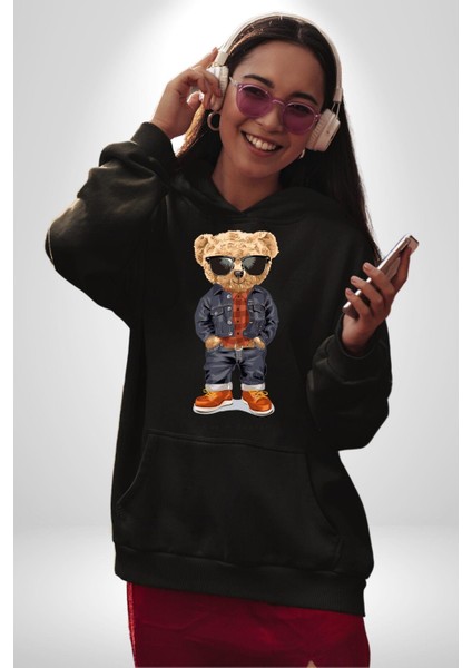 Havalı Oyuncak Ayı Kadın Erkek Baskılı Üç Iplik Siyah Kapüşonlu Hodie Sweatshirt fiyatları