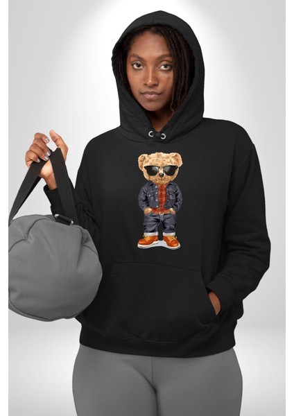 Havalı Oyuncak Ayı Kadın Erkek Baskılı Üç Iplik Siyah Kapüşonlu Hodie Sweatshirt indirimleri
