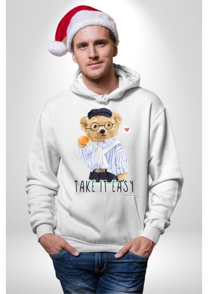 Boşver Oyuncak Tatlı Ayı Kadın Erkek Baskılı Üç Iplik Beyaz Kapüşonlu Hodie Sweatshirt