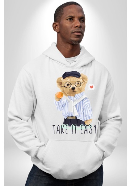 Boşver Oyuncak Tatlı Ayı Kadın Erkek Baskılı Üç Iplik Beyaz Kapüşonlu Hodie Sweatshirt modelleri