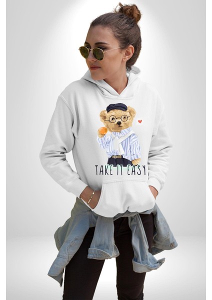 Boşver Oyuncak Tatlı Ayı Kadın Erkek Baskılı Üç Iplik Beyaz Kapüşonlu Hodie Sweatshirt fırsatları