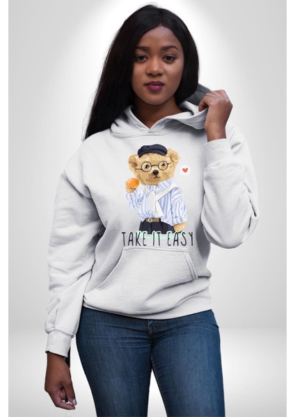 Boşver Oyuncak Tatlı Ayı Kadın Erkek Baskılı Üç Iplik Beyaz Kapüşonlu Hodie Sweatshirt indirimleri
