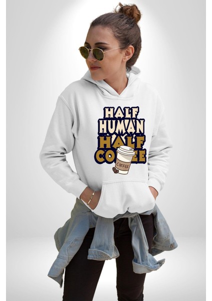 Yarı Insan Yarı Kahve Kadın Erkek Baskılı Üç Iplik Beyaz Kapüşonlu Hodie Sweatshirt fiyatları