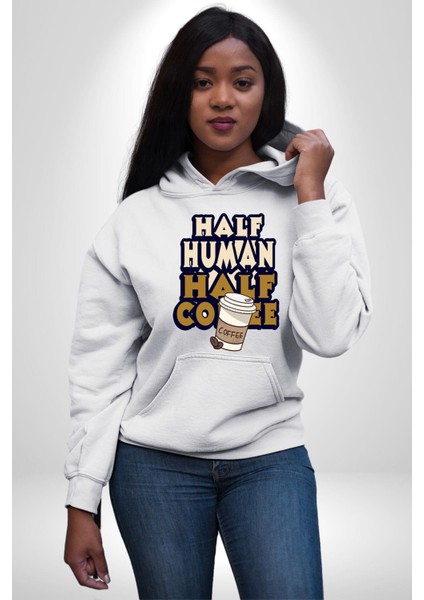 Yarı Insan Yarı Kahve Kadın Erkek Baskılı Üç Iplik Beyaz Kapüşonlu Hodie Sweatshirt modelleri