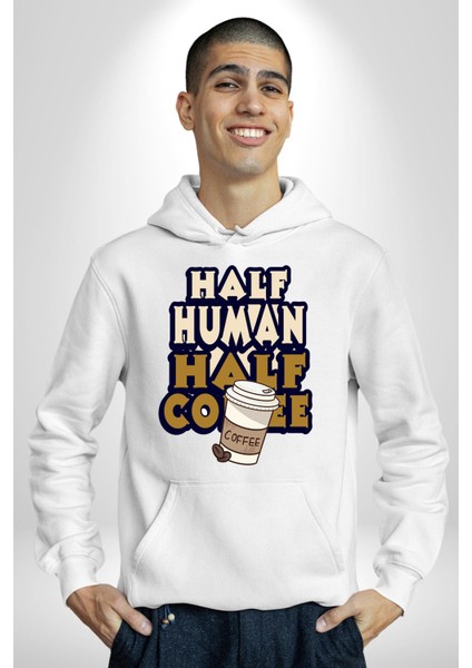 Yarı Insan Yarı Kahve Kadın Erkek Baskılı Üç Iplik Beyaz Kapüşonlu Hodie Sweatshirt fırsatları