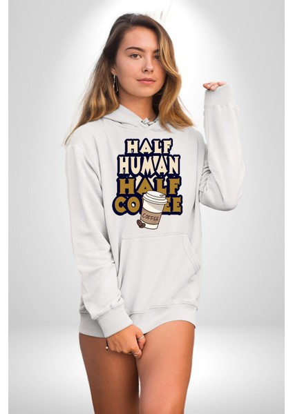 Yarı Insan Yarı Kahve Kadın Erkek Baskılı Üç Iplik Beyaz Kapüşonlu Hodie Sweatshirt indirimleri