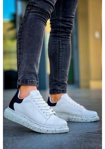 Erkek Ayakkabı Beyaz Siyah Yüksek Taban Bağcıklı Günlük Erkek Ayakkabı