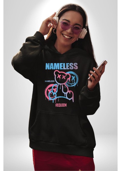 Isimsiz Oyuncak Ayı Kadın Erkek Baskılı Üç Iplik Siyah Kapüşonlu Hodie Sweatshirt