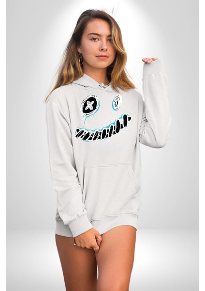 Korkunç Beyaz Hayalet Boncuk Gözlü Kadın Erkek Baskılı Üç Iplik Beyaz Kapüşonlu Hodie Sweatshirt
