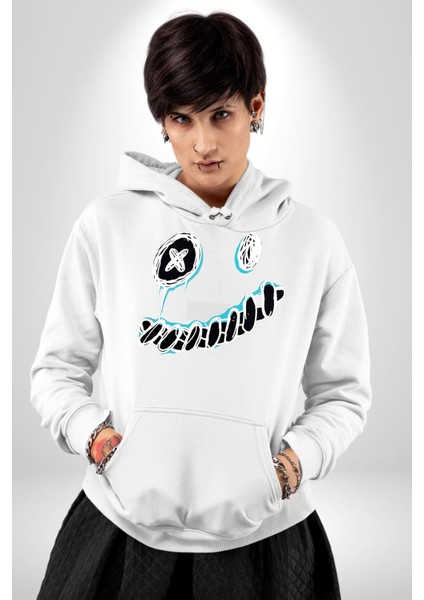 Korkunç Beyaz Hayalet Boncuk Gözlü Kadın Erkek Baskılı Üç Iplik Beyaz Kapüşonlu Hodie Sweatshirt modelleri