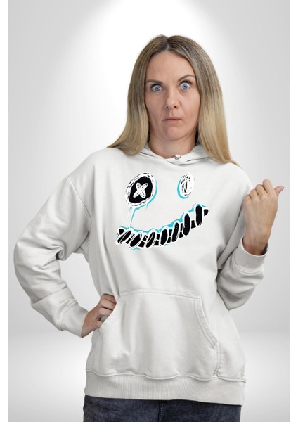 Korkunç Beyaz Hayalet Boncuk Gözlü Kadın Erkek Baskılı Üç Iplik Beyaz Kapüşonlu Hodie Sweatshirt indirimleri