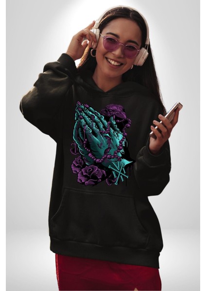 Karga Hristiyan Duası Soft Kadın Erkek Baskılı Üç Iplik Siyah Kapüşonlu Hodie Sweatshirt modelleri
