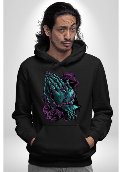 Karga Hristiyan Duası Soft Kadın Erkek Baskılı Üç Iplik Siyah Kapüşonlu Hodie Sweatshirt indirimleri