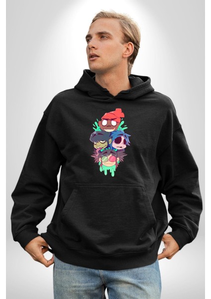 Gorillaz Anime Karakter Kadın Erkek Baskılı Üç Iplik Siyah Kapüşonlu Hodie Sweatshirt fiyatları