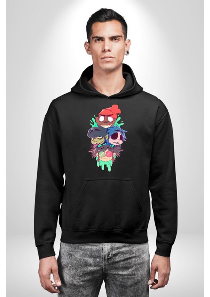 Gorillaz Anime Karakter Kadın Erkek Baskılı Üç Iplik Siyah Kapüşonlu Hodie Sweatshirt modelleri